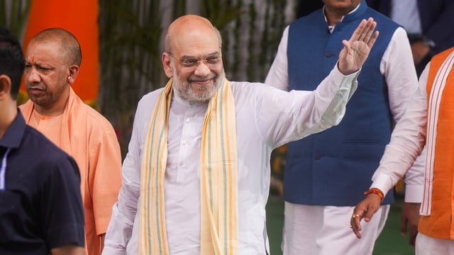 Union home minister Amit Shah with Uttar Pradesh chief minister Yogi Adityanath and deputy chief ministers Brajesh Pathak and Keshav Prasad Maurya.