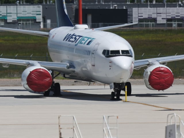 A WestJet plane on the ground in Winnipeg on Saturday, June 29, 2024. 
