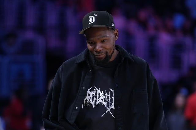 May 23, 2025; Los Angeles, California, USA; Kevin Durant attends the game between the Golden State Valkyries and the LA Sparks at Crypto.com Arena. Mandatory Credit: Kirby Lee-Imagn Images/File Photo