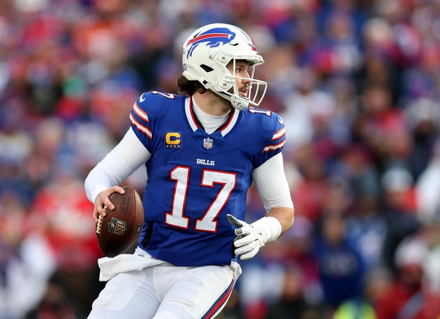 Josh Allen #17 of the Buffalo Bills looks to pass in the third quarter against the Denver Broncos during the AFC Wild Card Playoffs at Highmark Stadium on January 12, 2025 in Orchard Park, New York.