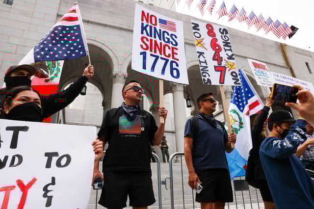 Thousands of protesters gather in downtown Los Angeles for an anti-Trump &#34;No Kings Day&#34; demonstration in a city that has been the focus of protests against Trump&#39;s immigration raids on June 14, 2025 in Los Angeles, California.