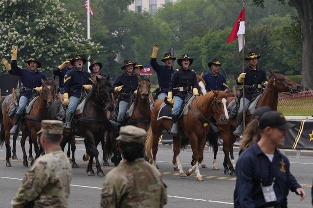 US Army soldiers in period clothing march during the military parade and celebration marking the 250th anniversary of the U.S. Army in Washington, D.C., on June 14, 2025.