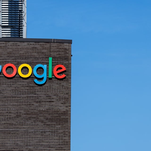 The Google logo and lettering can be seen on the façade of the company's Munich headquarters
