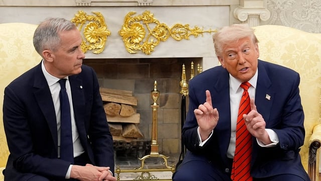 Prime Minister Mark Carney and U.S. President Donald Trump engage in a meeting at the White House in Washington, D.C., May 6, 2025. The two will meet again Monday morning ahead of the official start of the G7. 