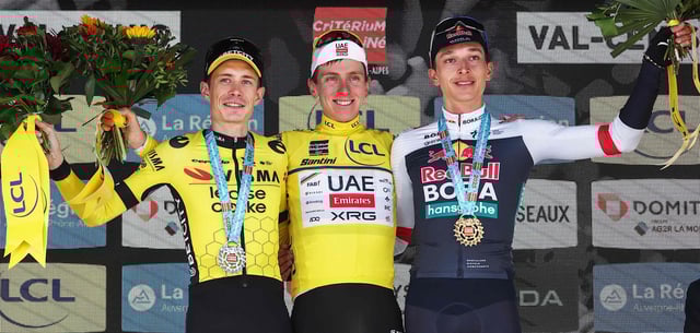 Neben den beiden großen Tour-Favoriten: Florian Lipowitz (rechts) wurde hinter Tadej Pogacar (Mitte) und Jonas Vingegaard Dritter