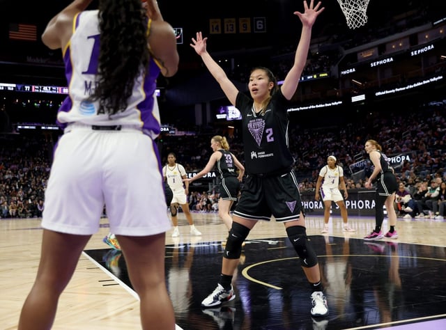 Golden State Valkyries’ Kaitlyn Chen #2 defends as the Los Angeles Sparks inbound the ball in the fourth quarter of their WNBA pre-season game at the Chase Center in San Francisco, Calif., on Tuesday, May 6, 2025. (Jane Tyska/Bay Area News Group)