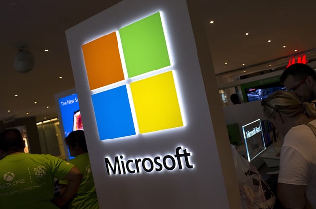 The Microsoft logo is seen at the Microsoft store in New York City, July 28, 2015. The global launch of the Microsoft Windows 10 operating system will take place on July 29. REUTERS/Mike Segar