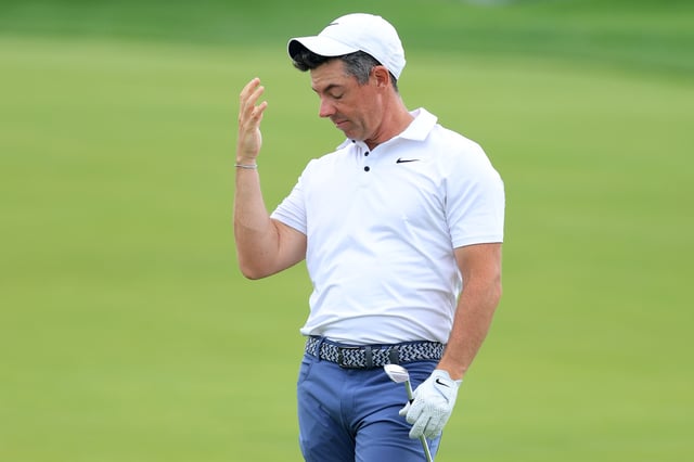 OAKMONT, PENNSYLVANIA - JUNE 15: Rory McIlroy of Northern Ireland reacts to his second shot on the 10th hole during the final round of the 125th U.S. OPEN at Oakmont Country Club on June 15, 2025 in Oakmont, Pennsylvania. (Photo by David Cannon/Getty Images)
