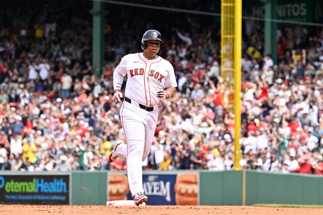 Jun 15, 2025; Boston, Massachusetts, USA; Boston Red Sox designated hitter Rafael Devers (11) runs the bases after hitting a one run home run against the New York Yankees during the fifth inning at Fenway Park. Mandatory Credit: Eric Canha-Imagn Images