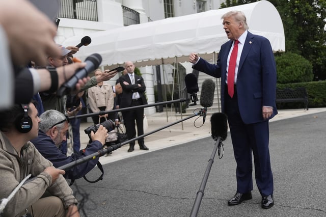 President Donald Trump, from right, speaks with reporters as White House Deputy Chief of Staff Stephen Miller and White House press secretary Karoline Leavitt listen before departing the White House on his way to attend the G7 Summit in Canada, Sunday, June 15, 2025, in Washington.