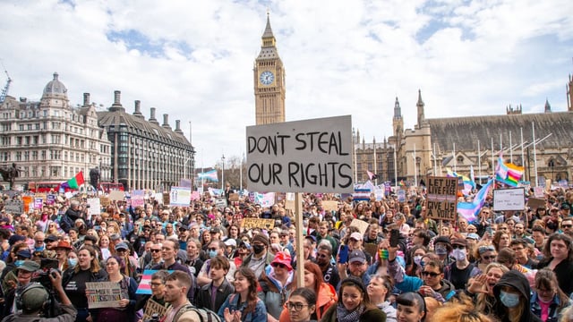 Trans rights activists protest against the Supreme Court ruling in London in April