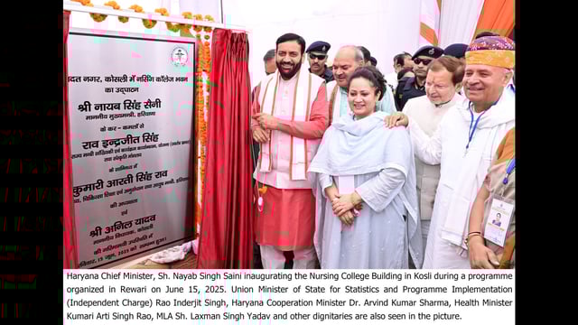 Haryana chief minister Nayab Singh Saini inaugurating the nursing college building in Kosli during a programme organised in Rewari on Sunday. (HT Photo)