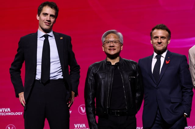 Mistral CEO Arthur Mensch, Nvidia CEO Jensen Huang and French President Emmanuel Macron attend a round table discussion at the Viva Technology conference dedicated to innovation and startups at Porte de Versailles exhibition center in Paris, France, June 11, 2025. REUTERS/Sarah Meyssonnier/Pool/File Photo