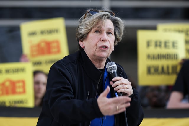 President of the American Federation of Teachers, Randi Weingarten speaks during a rally in front of the Department of Education to protest budget cuts on March 13, 2025 in Washington, DC.