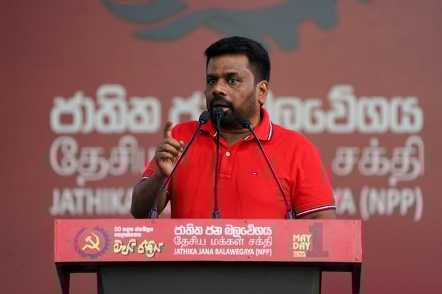 Anura Kumara Dissanayake, President of Sri Lanka gestures while giving a speech during the May Day rally organized by the National People's Power Party in Colombo, Sri Lanka, May 1, 2025. REUTERS/Thilina Kaluthotage/File Photo