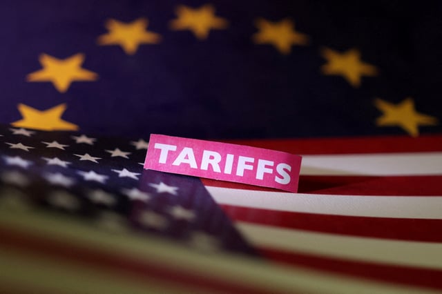 U.S. and European Union flags and a "tariffs" label are seen in this illustration taken April 10, 2025. REUTERS/Dado Ruvic/Illustration/File Photo