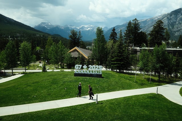 A backdrop sign for the G7 Leaders Summit in the Rocky Mountains resort of Kananaskis is seen outside the media center in Banff, Alberta, Canada June 15, 2025. REUTERS/Chris Helgren