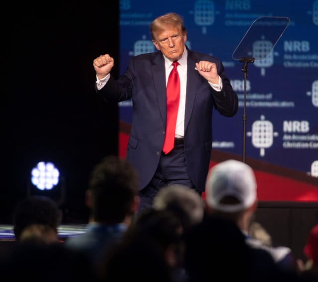 Former President Donald Trump addresses the 2024 NRB International Christian Media Convention sponsored by the National Religious Broadcasters association at the Gaylord Opryland Resort and Convention Center in Nashville, Tenn., Thursday night, February 22, 2024.