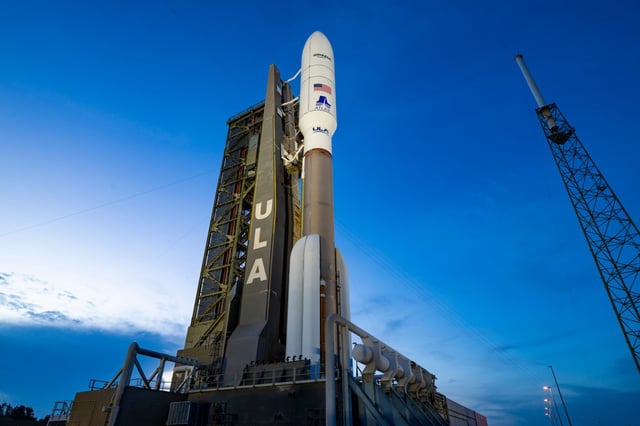 A United Launch Alliance Atlas V rocket sits on the pad at Cape Canaveral Space Force Station&#39;s Space Launch Complex 41 on Saturday, June 14, 2024 at sunset ahead of the Monday launch attempt on the Kuiper 2 mission for Amazon&#39;s Project Kuiper (Courtesy/United Launch Alliance)