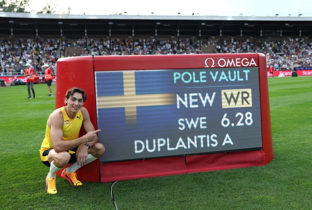 STOCKHOLM, SWEDEN - JUNE 15: Armand Duplantis of Team Sweden poses for a photo after jumping 6.28 to set a new World Record in the Men's Pole Vault Final during the BAUHAUS-galan, part of the 2025 Diamond League at Olympic Stadium on June 15, 2025 in Stockholm, Sweden. (Photo by Linnea Rheborg/Getty Images)