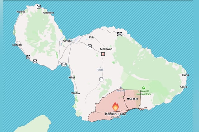 A map from Watch Duty shows the approximate location of the Kahikinui fire and where evacuation orders have been issued.