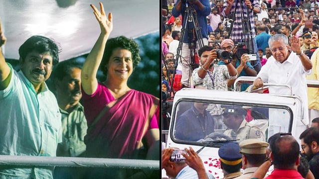 File photos of Congress MP from Wayanad Priyanka Gandhi Vadra at public meeting in Nilambur, and Kerala CM Pinarayi Vijayan | ANI