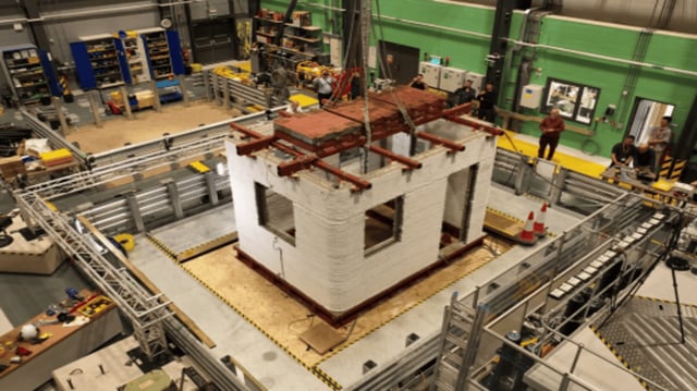 The 3D printed concrete building ready for testing