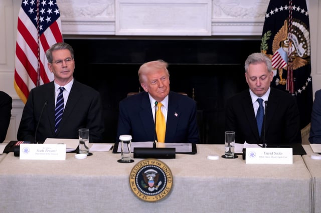 President Donald Trump (C) speaks alongside Treasury Secretary Scott Bessent (L) and White House Crypto Czar David Sacks at the The White House Digital Assets Summit at the White House on March 07, 2025