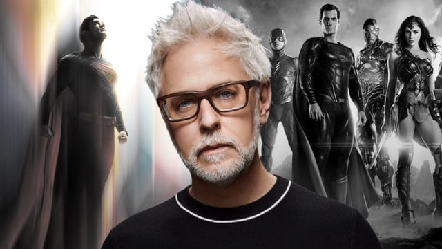 The poster for Superman, a portrait of James Gunn, and the cast of Zack Snyder's Justice League