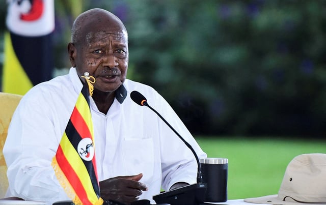 Uganda's President Yoweri Museveni addresses the Intergovernmental Authority on Development (IGAD) 42nd Extraordinary Session, at the State House in Entebbe, Uganda January 18, 2024. REUTERS/Abubaker Lubowa/File Photo