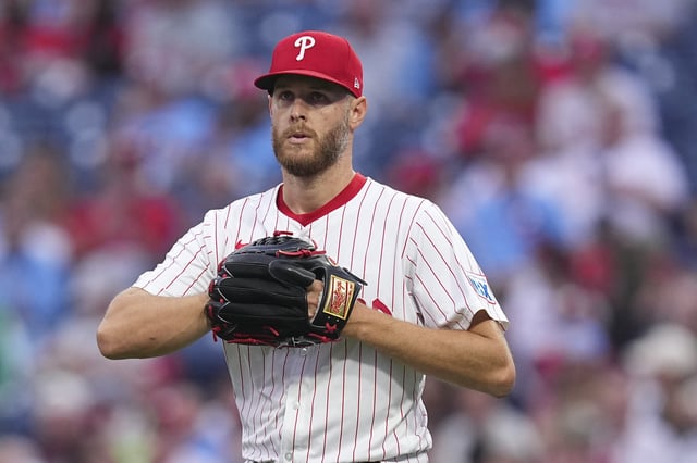 PHILADELPHIA, PENNSYLVANIA - JUNE 9: Zack Wheeler #45 of the Philadelphia Phillies looks on against the Chicago Cubs at Citizens Bank Park on June 9, 2025 in Philadelphia, Pennsylvania. The Phillies defeated the Cubs 4-3 in extra innings.