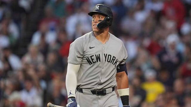 Jun 13, 2025; Boston, Massachusetts, USA; New York Yankees outfielder Aaron Judge (99) strikes out against the Boston Red Sox in the fourth inning at Fenway Park. Mandatory Credit: David Butler II-Imagn Images