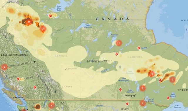  A view of the fire smoke map around Canada on June 16, 2025.