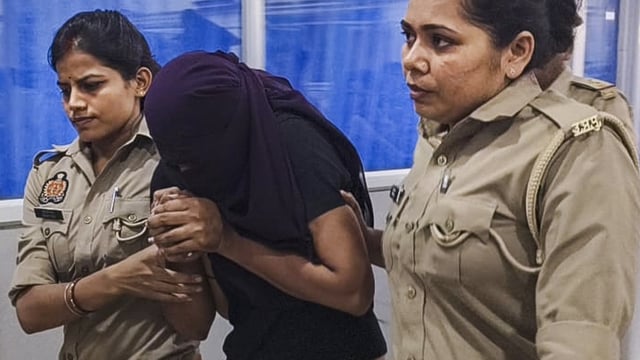 Sonam Raghuvanshi, the Indore woman accused of plotting her husband's murder during their honeymoon in Meghalaya, being brought for medical examination at a hospital, in Ghazipur earlier this month.