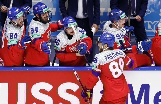 Ice Hockey - IIHF World Championships - Group B - Czech Republic v United States - Jyske Bank Boxen Arena, Herning, Denmark - May 20, 2025  Czech Republic's David Pastrnak celebrates scoring their first goal with teammates REUTERS/David W Cerny/File Photo