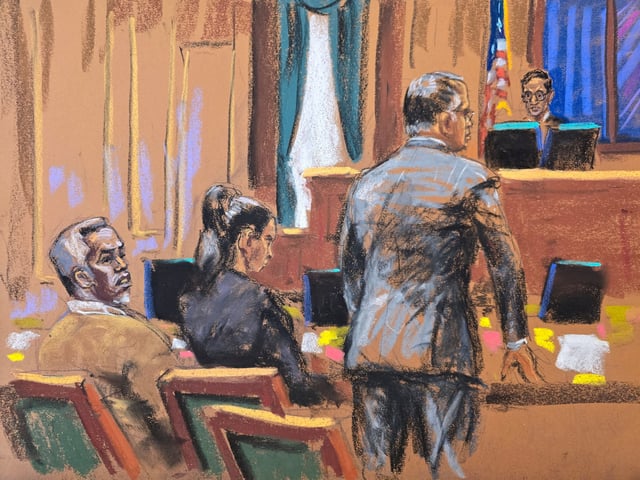 Sean "Diddy" Combs listens as lawyer Marc Agnifilo makes arguments during Combs' sex trafficking trial in New York City, June 13, 2025, in this courtroom sketch.