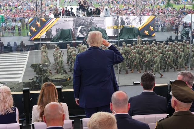 President Donald Trump salutes troops during the celebration of the Army&#39;s 250th birthday on the National Mall on June 14, 2025, in Washington, DC.
