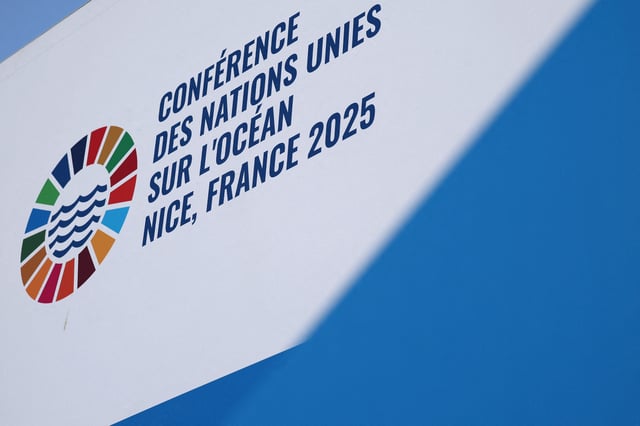 The logo of the third United Nations Ocean Conference (UNOC3), which gathers leaders, researchers and activists to discuss how to protect marine life, is seen at the Centre des Expositions conference centre in Nice, France, June 10, 2025. REUTERS/Manon Cruz/File Photo