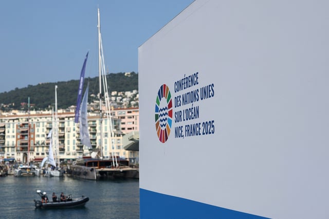 The logo of the third United Nations Ocean Conference (UNOC3), which gathers leaders, researchers and activists to discuss how to protect marine life, is seen at the Centre des Expositions conference centre in Nice, France, June 10, 2025. REUTERS/Manon Cruz
