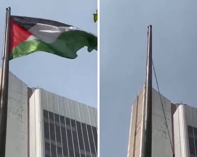Le mât sur lequel a été hissé le drapeau palestinien devant la mairie de Gennevilliers.