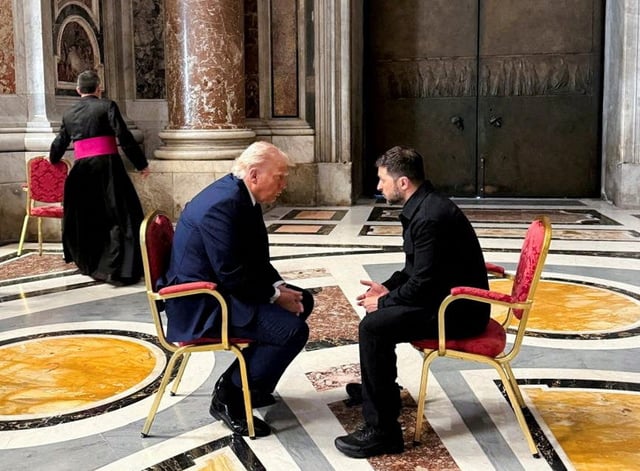 Ukraine's President Volodymyr Zelenskiy and U.S. President Donald Trump meet, while they attend the funeral of Pope Francis, at the Vatican April 26, 2025.