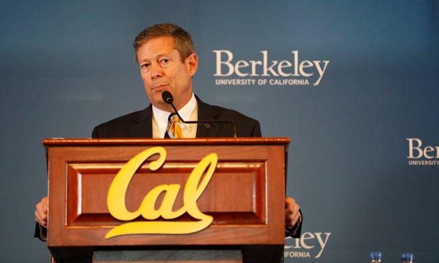 Jim Knowlton speaks after being introduced by Chancellor Carol Christ as the new Athletic Director at UC Berkeley at a press conference in the California Memorial Stadium in Berkeley, Calif., on Monday, April 9, 2018. (Laura A. Oda/Bay Area News Group)