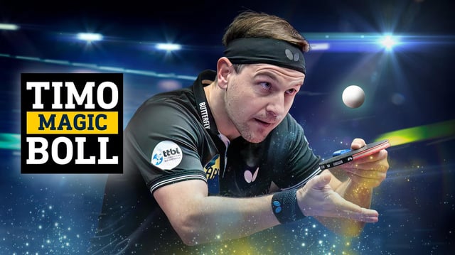 Tischtennis-Legende Timo Boll mit Schläger und Ball in der Hand.
