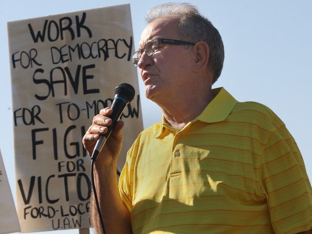  Former CAW national president Buzz Hargrove speaks at a May Day celebration in Windsor on May 1, 2013. The International Workers’ Day march and rally along Drouillard Road in Windsor was held to commemorate the Ford Strike of 1945.