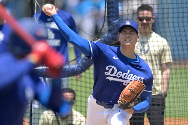 Shohei Ohtani throws live batting practice before a May 31 game against the New York Yankees at Dodger Stadium.