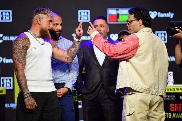 Jake Paul and Julio Cesar Chavez Jr. pose for photos in anticipation of their fight at Avalon Hollywood Theater.