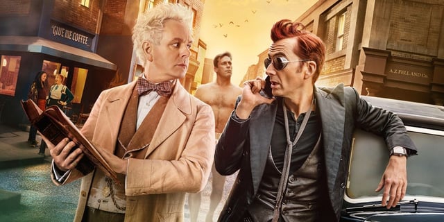 Michael Sheen, David Tennant, and Jon Hamm on the 'Good Omens' Season 2 poster