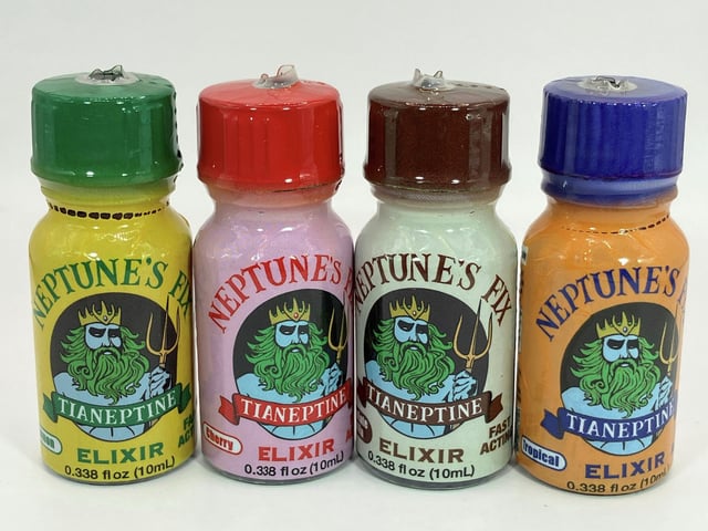 This photo provided by the FDA in January 2024 shows bottles of Neptunes Fix Elixir, a product labeled to contain tianeptine. 