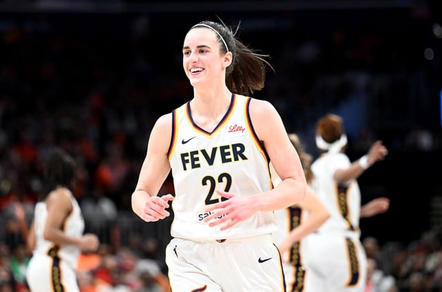 Caitlin Clark #22 of the Indiana Fever celebrates during the game against the Washington Mystics at Capital One Arena on June 07, 2024 in Washington, DC.