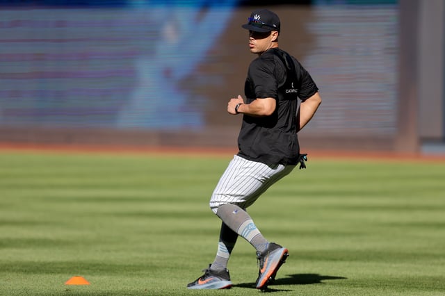 May 20, 2025; Bronx, New York, USA; New York Yankees injured designated hitter Giancarlo Stanton works out before a game against the Texas Rangers at Yankee Stadium. Mandatory Credit: Brad Penner-Imagn Images/File Photo